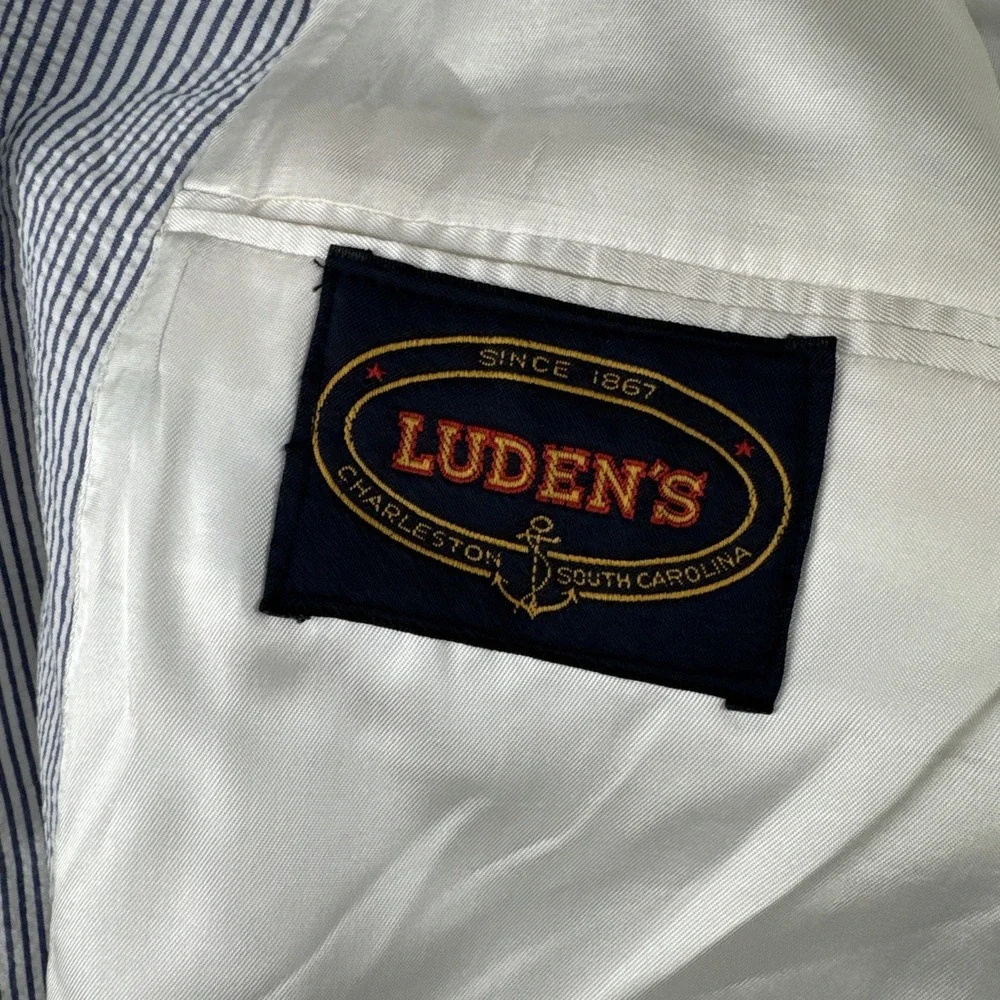 Luden's Charleston SC Mens Seersucker Blazer 46L blue white lightweight Cotton